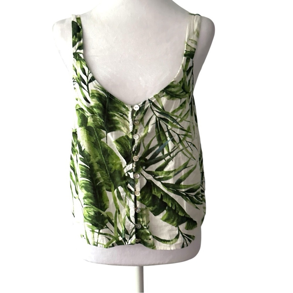 Panama Jack Jungle Leaf Linen Blend Crop Top Button Front Women Medium